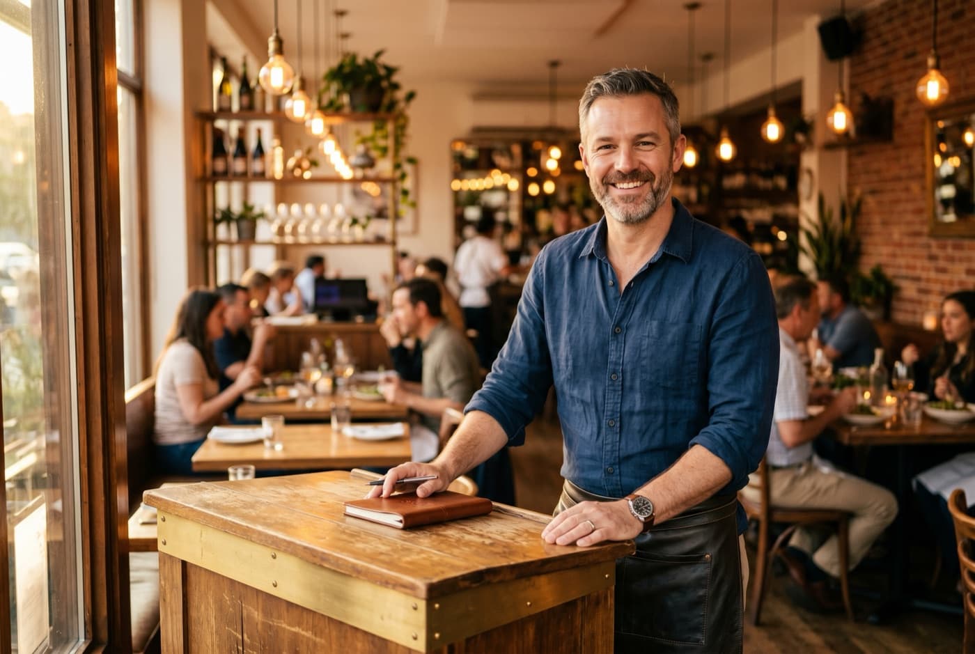 Restaurant owner standing in his sunlit dining room